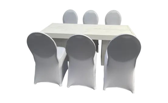 Woodloungetischset mit Bankettstuhl / Husse 6P.