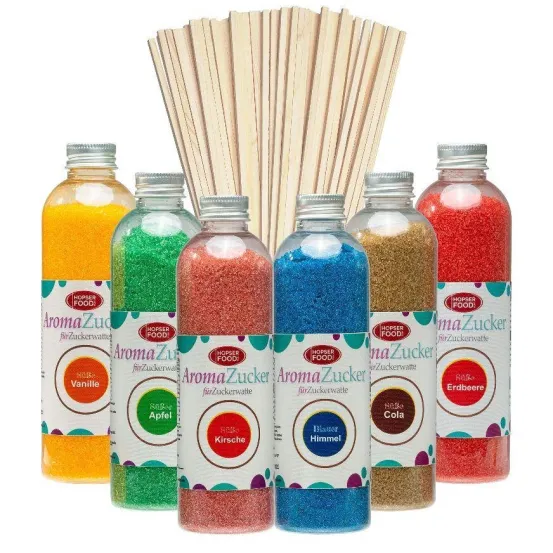 Set 6 x 230 Gramm Zuckerwatte Zucker + 100 Zuckerwattest&auml;be